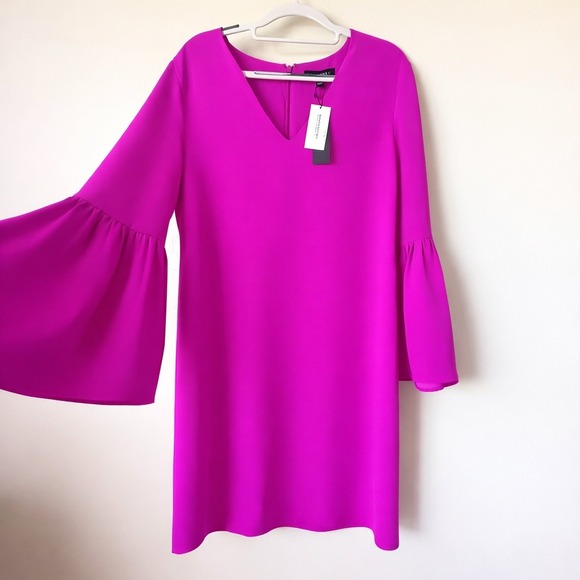 V-Neck Bell Sleeve Mini Dress Womens 10 Magenta NWT 783961-00 - Picture 2 of 8